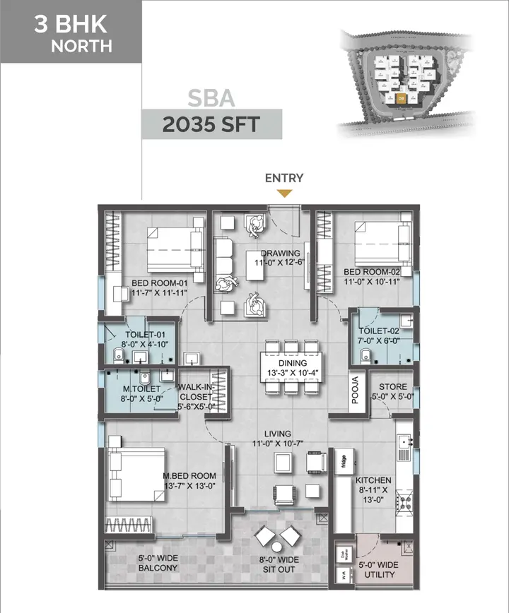 Altura Kollur Floor Plan 3BHK (2035 sqft) floor plan